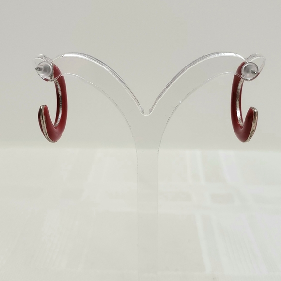 Red Enamel Skinny Huggie Post Hoops Vintage - Picture 7 of 8